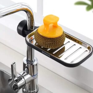 Adjustable sink faucet storage rack
