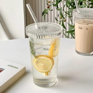 Ribbed glass cup with straw*