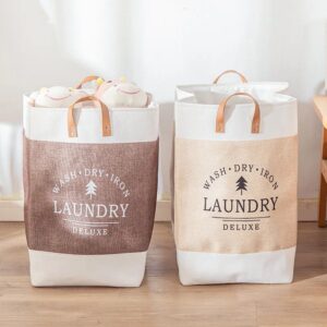 Linen Fabric Laundry Basket With Leather Handle