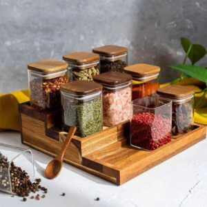 12pcs Square Glass Spice Jar set with a Wooden Bamboo Stand